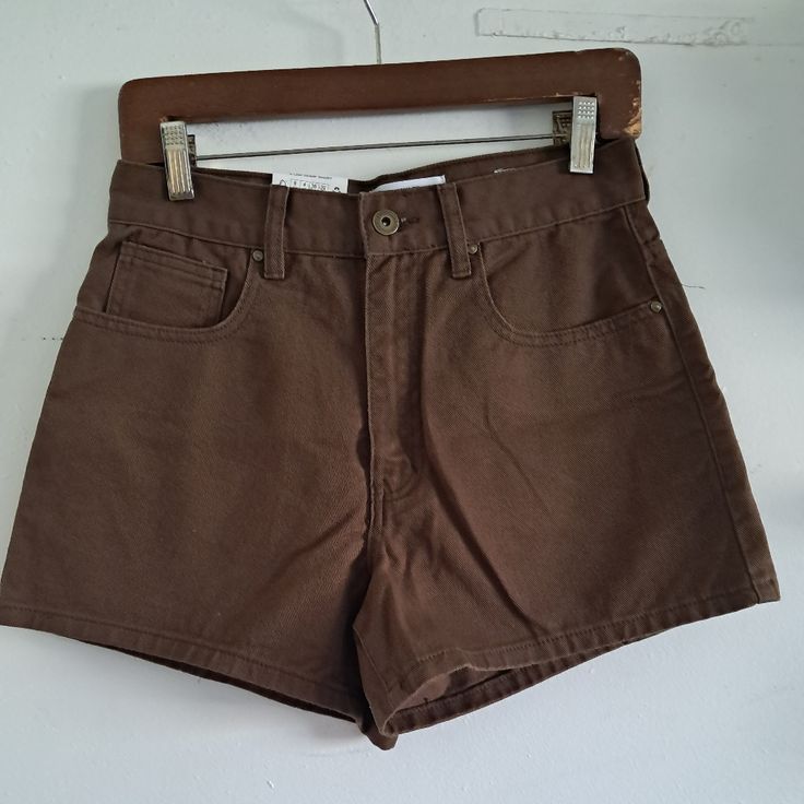 High Waisted A Line Shorts 3.5" Inseam Brown High Waist Relaxed Fit Bottoms, Brown High Waist Shorts With Belt Loops, High Waist Brown Shorts With Belt Loops, High Rise Brown Cotton Bottoms, Fitted Brown Cotton Shorts, Brown Mid-rise Bottoms For Summer, Brown High Rise Summer Pants, High Rise Brown Pants For Summer, Summer High Rise Brown Pants