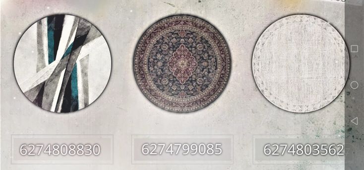 three circular rugs are displayed on the wall with numbers in front of them and below them