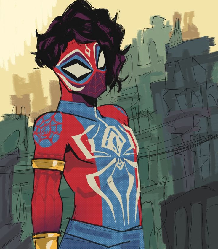 a drawing of a person wearing a red and blue costume