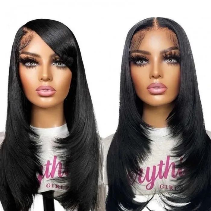 UNice Pre Plucked Long Straight Layered Best Face Framing Wigs Natural Black Hair Wig 150% Density 1b Hair, Layered Wig, Medium Length Hair With Layers, Virgin Hair Wigs, Layered Haircut, Hair Medium, Straight Lace Front Wigs, Bleach Dye, Human Hair Lace Wigs