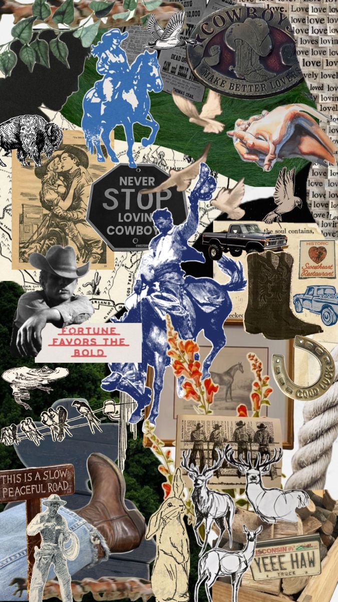 a collage of various pictures and words on paper, including an image of a man riding a horse