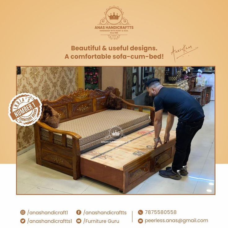 a man is working on a bed frame in a store advertisming furniture