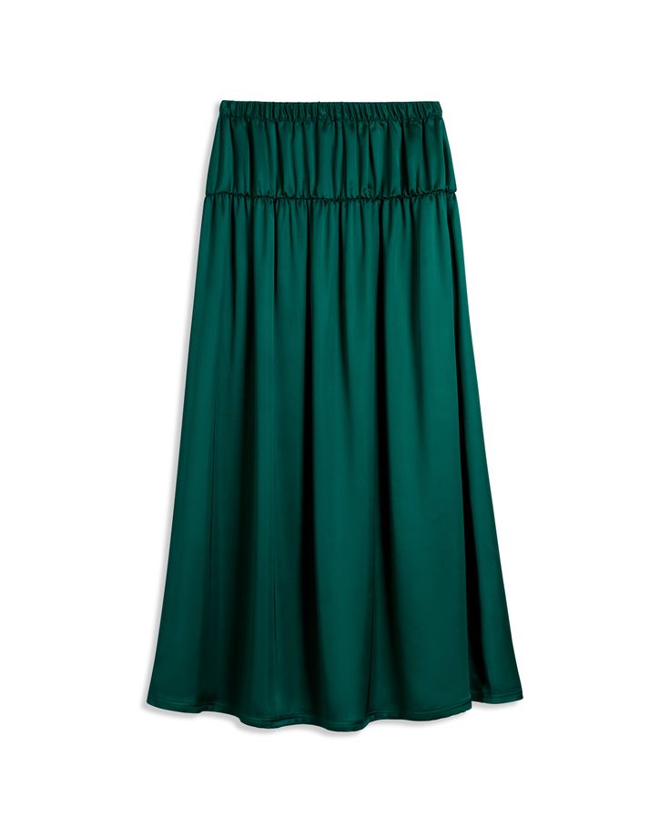 The Monaco Maxi Skirt - Albero by Dandy Del Mar is a long satin skirt in an emerald green shade Casual Flowy Viscose Maxi Skirt, Spring Tiered Viscose Maxi Skirt, Chic Viscose Tiered Maxi Skirt, Chic Tiered Viscose Maxi Skirt, Flowy Tiered Viscose Skirt, Flowy Tiered Viscose Maxi Skirt, Flowy Maxi Skirt With Gathered Waist For Summer, Casual Flowy Maxi Skirt With Gathered Waist, Relaxed Maxi Skirt With Gathered Waist