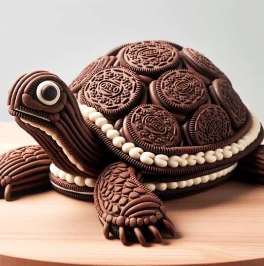 a close up of a cake shaped like a turtle with cookies on it's shell