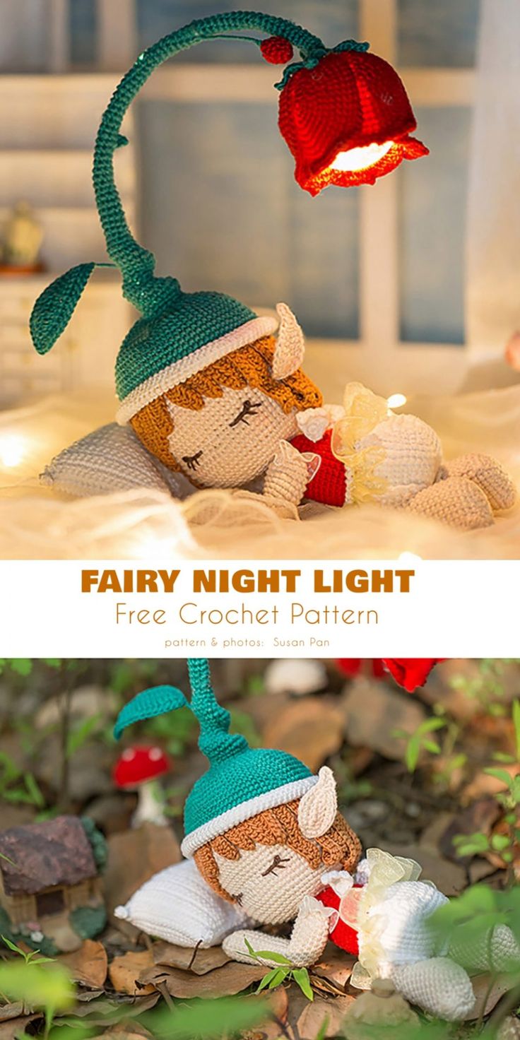 two stuffed animals sitting on the ground next to each other with text overlay that reads, fairy night light free crochet pattern