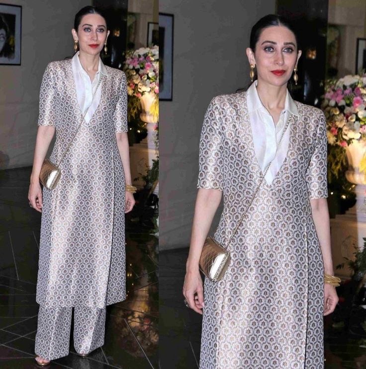 Achkan Style Kurti, Fusion Kurta Designs, Karishma Kapoor Indian Outfits, Karishma Kapoor Indian Wear, Karishma Kapoor Lehenga, Karishma Kapoor Dresses, Banarsi Kurta Designs, Kurti Designs Latest Silk, Latest Brocade Suit Designs