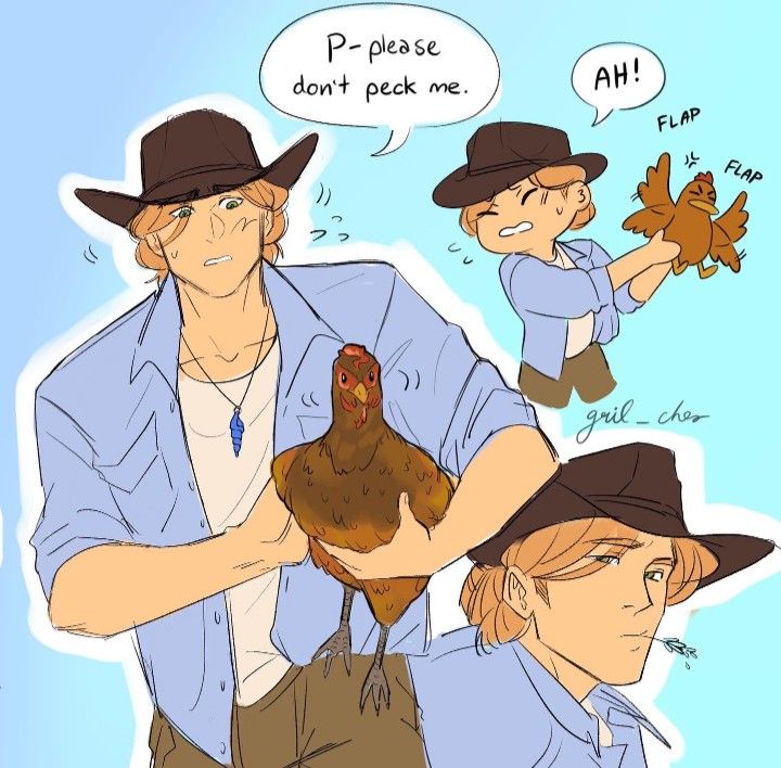 a man holding a chicken in his hand and another person wearing a fedora talking on the phone