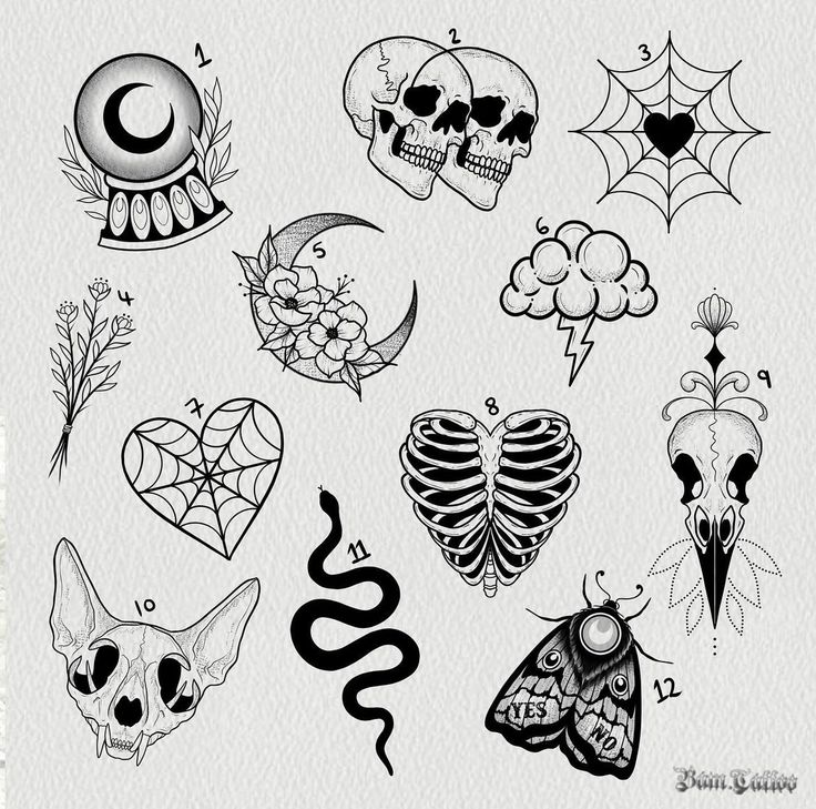 various tattoo designs on white paper, including skulls and other items in the shape of hearts