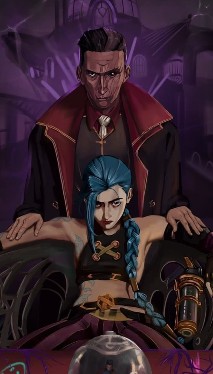 an animated character with blue hair sitting next to another character in front of a purple background