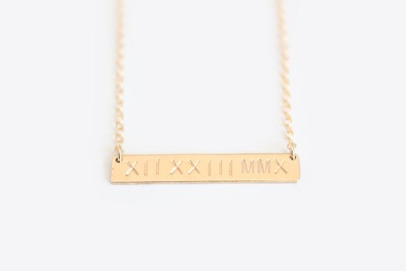 Roman Numeral Date Necklace - Hand Stamped Nameplate Necklace - 14k Gold Filled Everyday Personalized Gold Bar Necklace, Personalized Gold Bar Necklace For Everyday, Gold Bar Necklace With Nameplate For Everyday, Classic Everyday 14k Gold Bar Necklace, Minimalist Gold Nameplate Bar Necklace, Simple Gold Name Necklace With Delicate Chain, Dainty 14k Gold Bar Necklace Gift, Gold Engraved Bar Necklace For Everyday, Everyday 14k Gold Tarnish Resistant Name Necklace