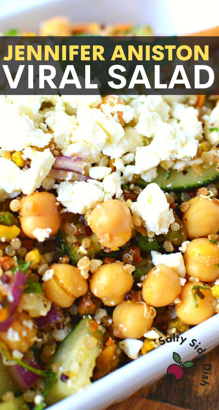 a close up of a bowl of food with the title text overlay reads, jenny annistoon's virtual salad