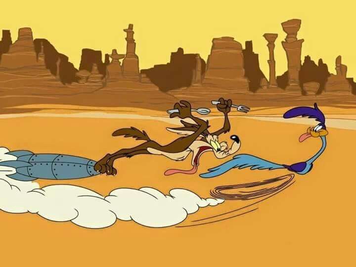 an animated scene with two cartoon characters flying through the air and one is chasing another