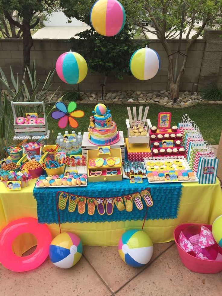 the table is set up for a pool party with beach ball decorations and candy bars