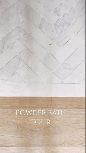 a white marble bathroom with the words powder bath tour written on it's side