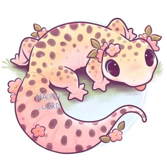 a drawing of a gecko with flowers on it's head and legs, laying down