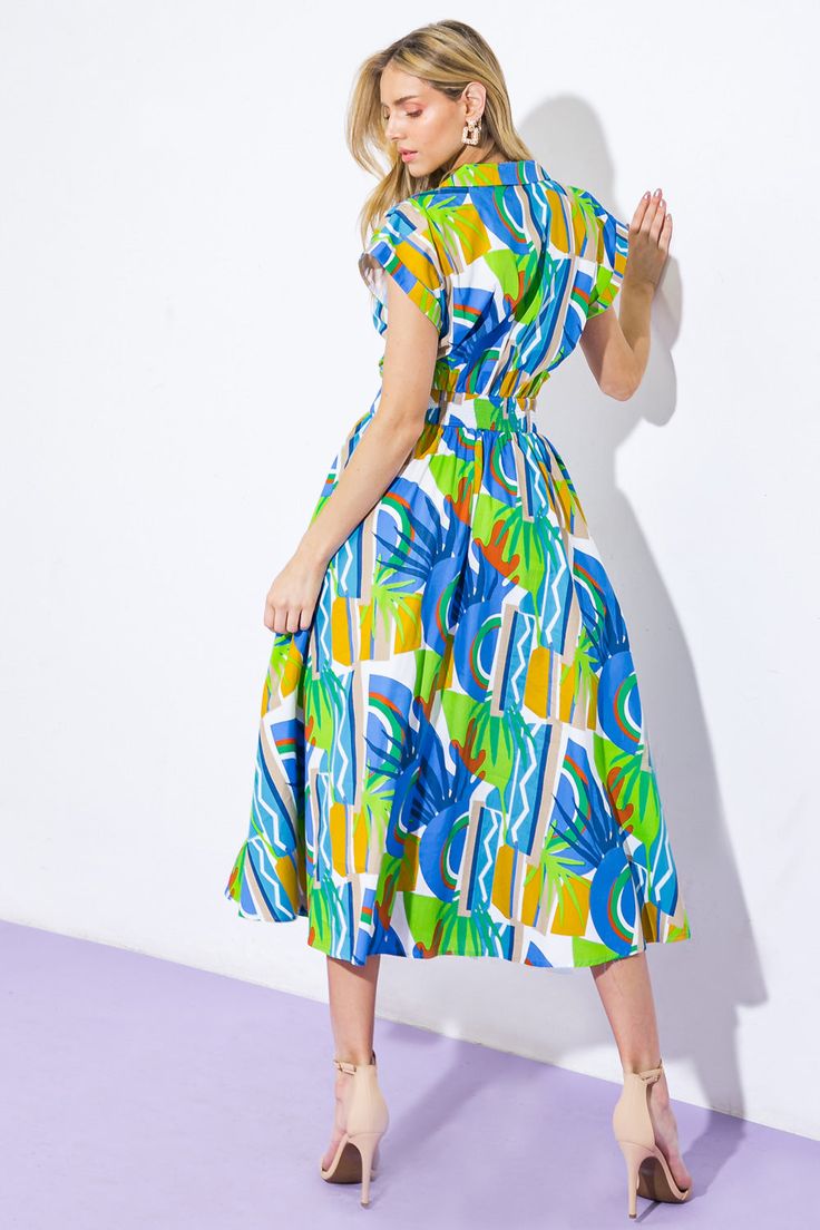 A printed woven midi dress featuring shirt collar, surplice neckline, short sleeve, full skirt and smocked waist bandDetails:Self : 100% CottonSize & Fit- Model is 5`8" And Wearing Size Small- Measurements Taken From Size Small- Approx. Length: 53" Curvy Maxi Dress, Summer Dresses Casual, Flying Tomato Dress, What To Wear Fall, Fuchsia Dress, Resort Dresses, Flying Tomato, Affordable Dresses, Surplice Neckline