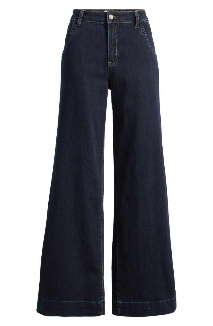 A tailored high waist and modern wide leg take these denim trousers and your workwear wardrobe to the next level. 27 3/4" to 33 3/4" inseam 95% cotton, 4% polyester, 1% spandex Machine wash, tumble dry Imported Dark Denim Wide Leg Jeans, Dark Wash Wide Leg Denim Pants, Dark Blue Straight Jeans Outfit, High Waisted Wide Leg Jeans Outfit, Professional Jeans, Dark Blue Jeans Outfit, Blue Denim Outfits, Dark Denim Pants, Straight Jeans Outfit