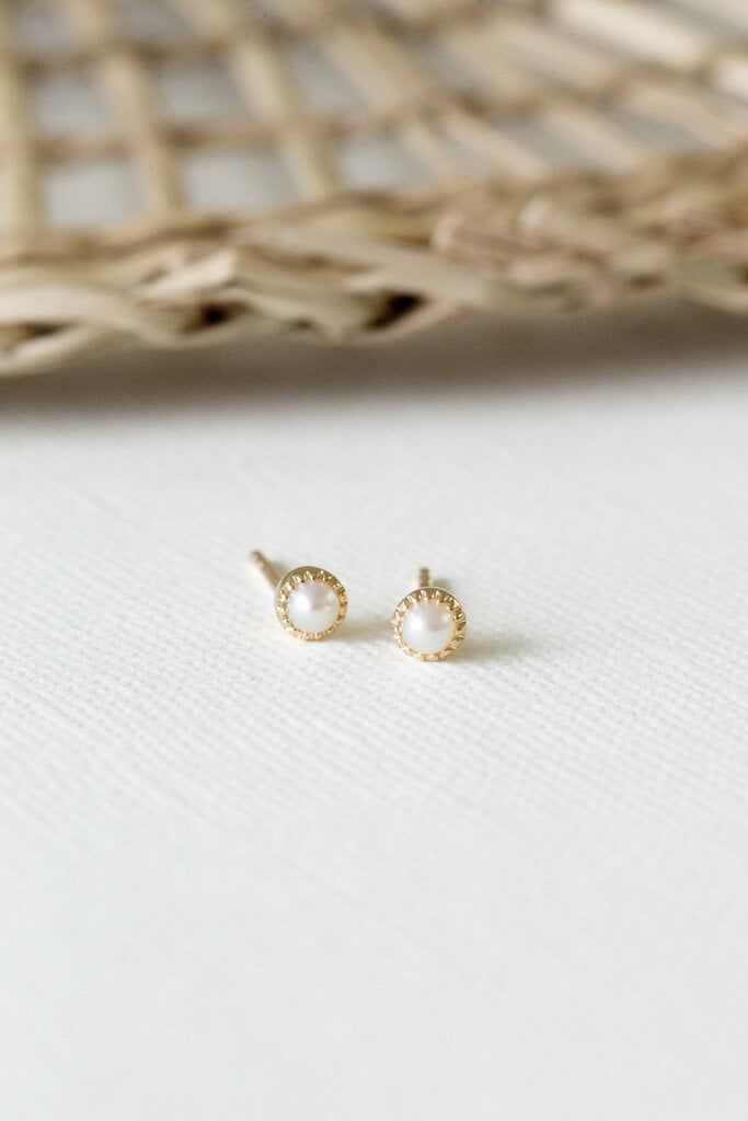 Pearl Milgrain Bezel Stud Earrings Simple Gold Stud Earrings, Simple Bridal Jewelry, Earrings With Pearls, Gold Stud Earrings, Earrings Studs, Rose Yellow, Pearl Set, Gold Stud, Pearl Stud Earrings