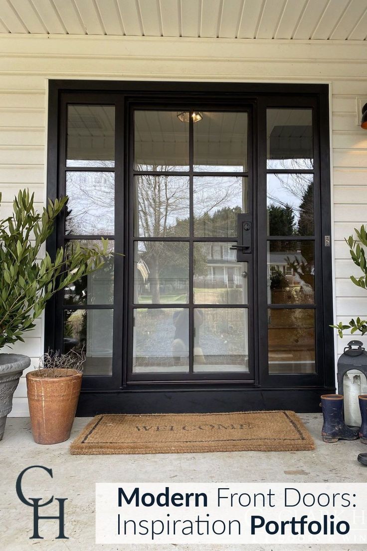 the front door is decorated with potted plants and pots on either side of it