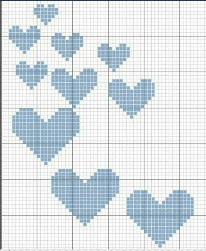 a cross stitch pattern with blue hearts on the front and bottom, in two rows