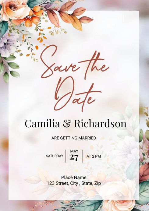 save the date card with flowers and leaves