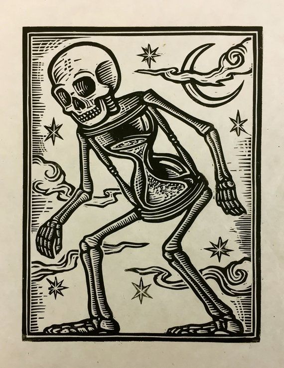 a black and white drawing of a skeleton holding an object in its hand with stars around it