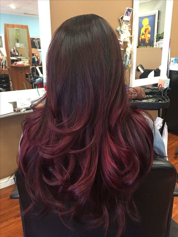 Red Cherry Balayage, Cherry Red Hair Color On Black Hair, Cherry Red Hair Highlights On Black Hair, Black With Burgundy Hair, Red Burgundy Balayage Hair, Burgundy Ends Hair, Wine Colour Highlight, Red Hair Colour On Black Hair, Maroon Hair Streaks