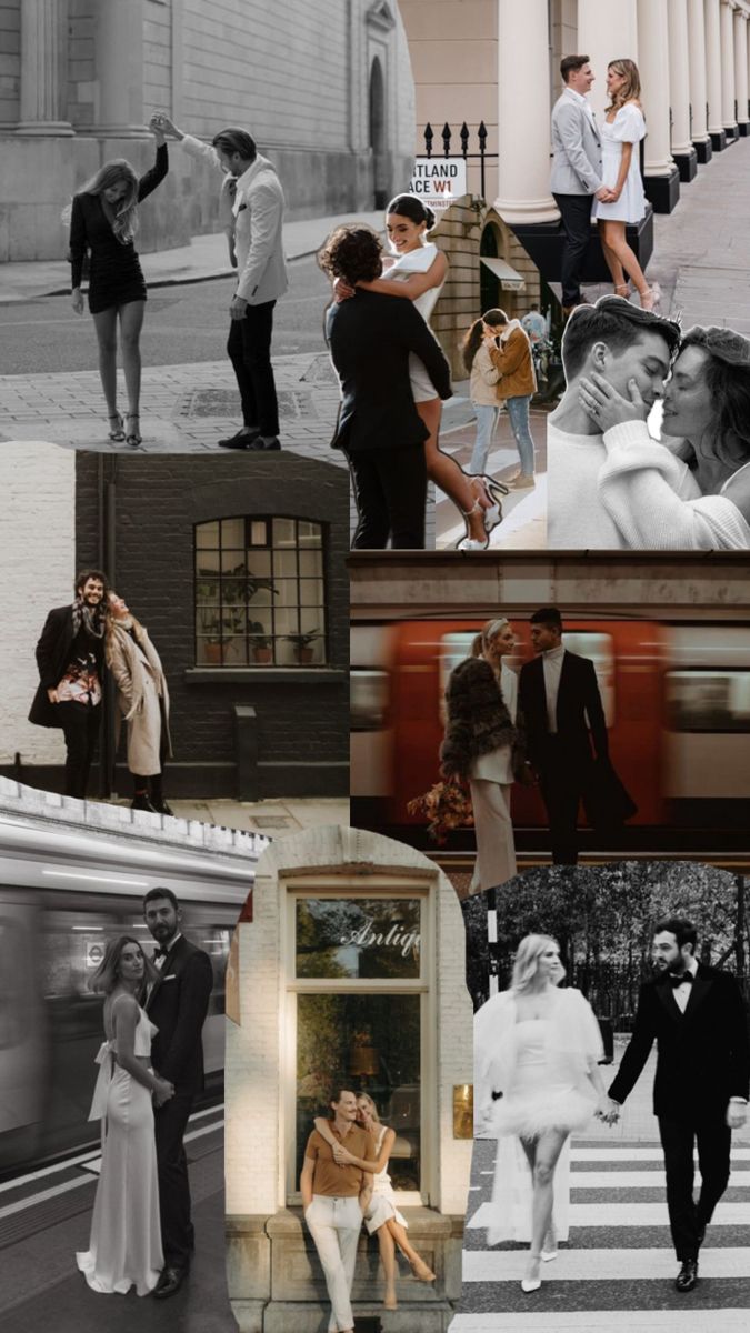 black and white collage with people dressed in formal wear, standing on the street