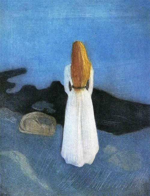 a painting of a woman standing in front of a body of water with her back to the camera