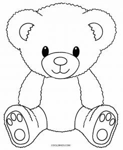 a teddy bear sitting on the ground with its paws crossed and eyes wide open, coloring page