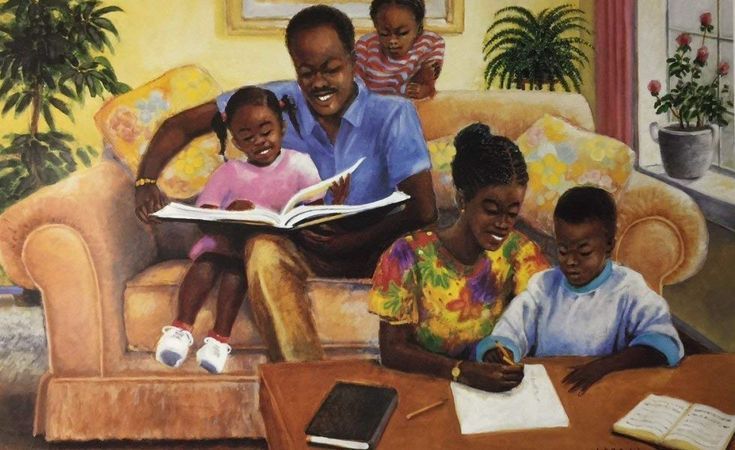 a painting of a family sitting on a couch with an open book in front of them