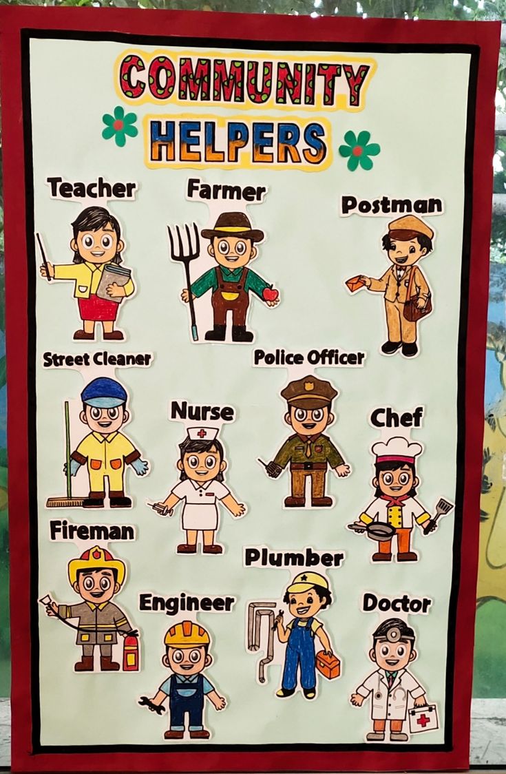 a community helper's poster is displayed in front of a window