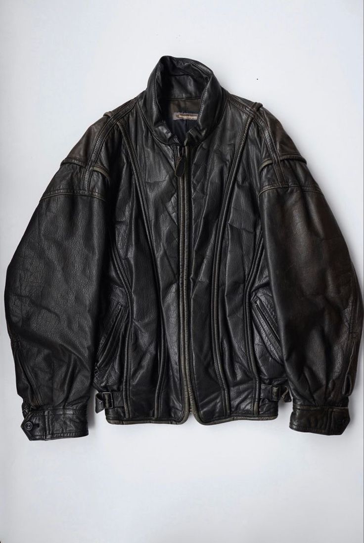 issey miyake leather jacket Leather Zip Up Jacket, Cool Clothing Pieces, Issey Miyake Jacket, Cool Leather Jackets, Grunge Leather Jacket Outfit, Grunge Winter Jacket, Vintage Leather Jacket Outfits, Big Leather Jacket, Baggy Leather Jacket