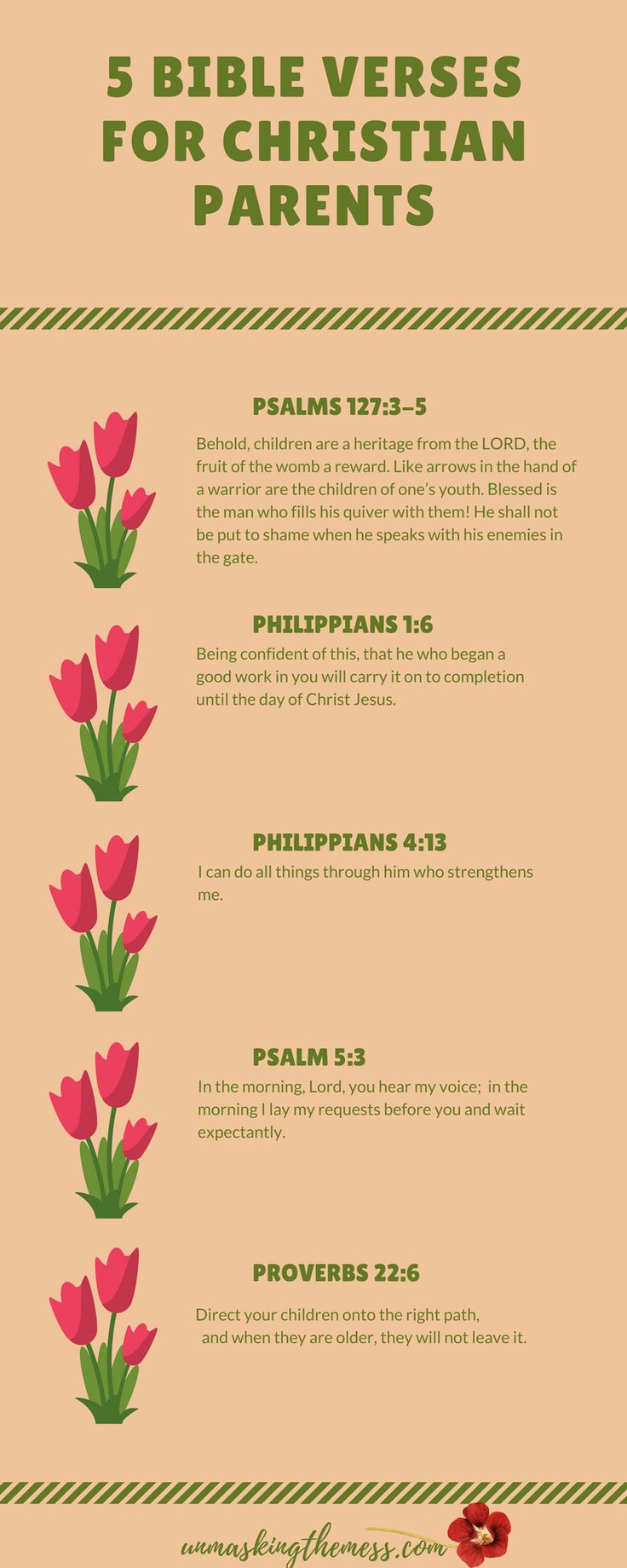 the five bible verses for christian parents, with flowers in red and green on an orange background