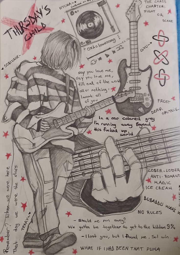 a drawing of a person playing an electric guitar with words written all over the page