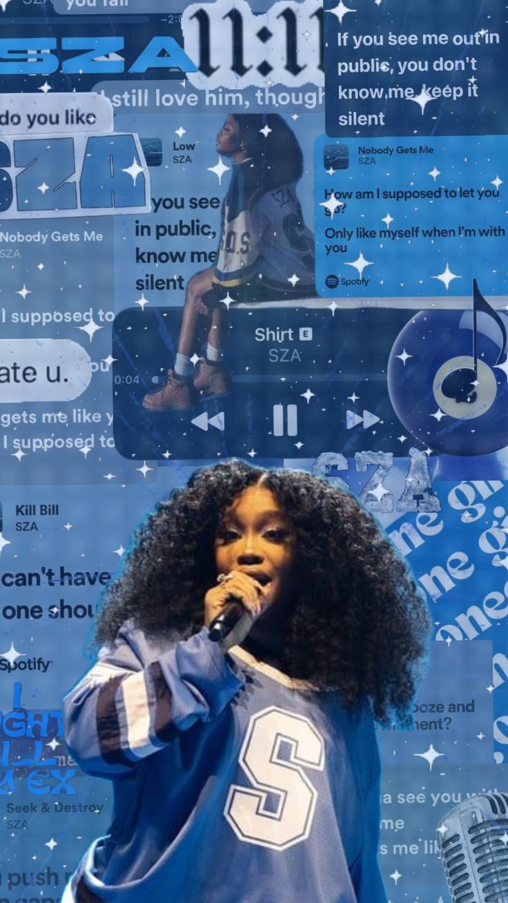 a woman singing into a microphone in front of a blue background with stars and music notes