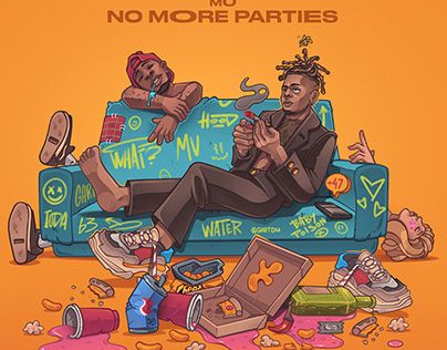 the album cover for no more parties, featuring two black men sitting on a couch