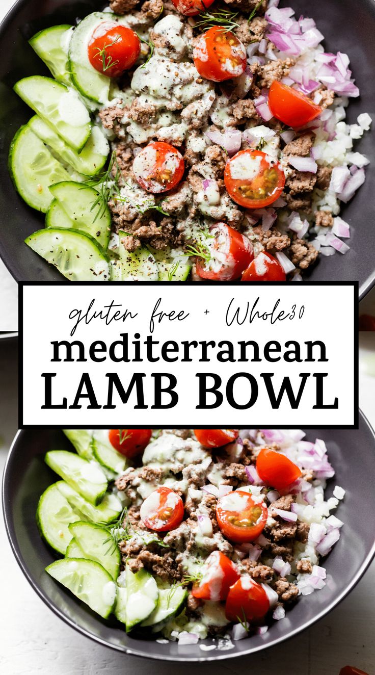 two bowls filled with meat and veggies next to the words mediterranean lamb bowl