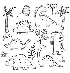 dinosaurs and plants in black and white