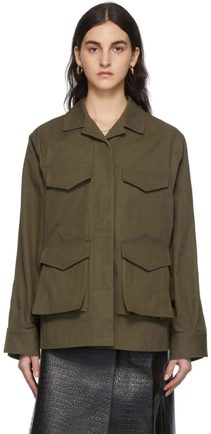 Totême: Khaki Army Jacket | SSENSE Cotton Twill Jacket, Battle Dress, Uniform Shirts, Army Jacket, Twill Jacket, Japanese Cotton, Pocket Jacket, Cotton Jacket, Green Jacket