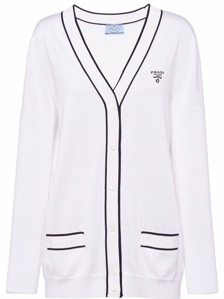 White silk logo-knitted V-neck cardigan from PRADA featuring V-neck, front button fastening, long sleeves, two front patch pockets, contrasting trim and intarsia-knit logo. Louis Vuitton Collection, Masculine Style, Silk Cardigan, Logo Knit, Lettering Logo, White Cardigan, V Neck Cardigan, Color Contrast, Knitwear Cardigan