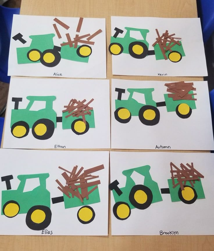 four pictures of tractors made out of construction paper