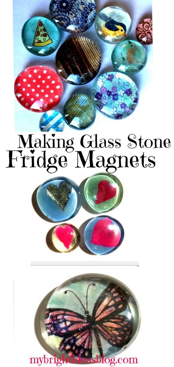 the making glass stone fridge magnets are shown with butterflies and hearts on them,