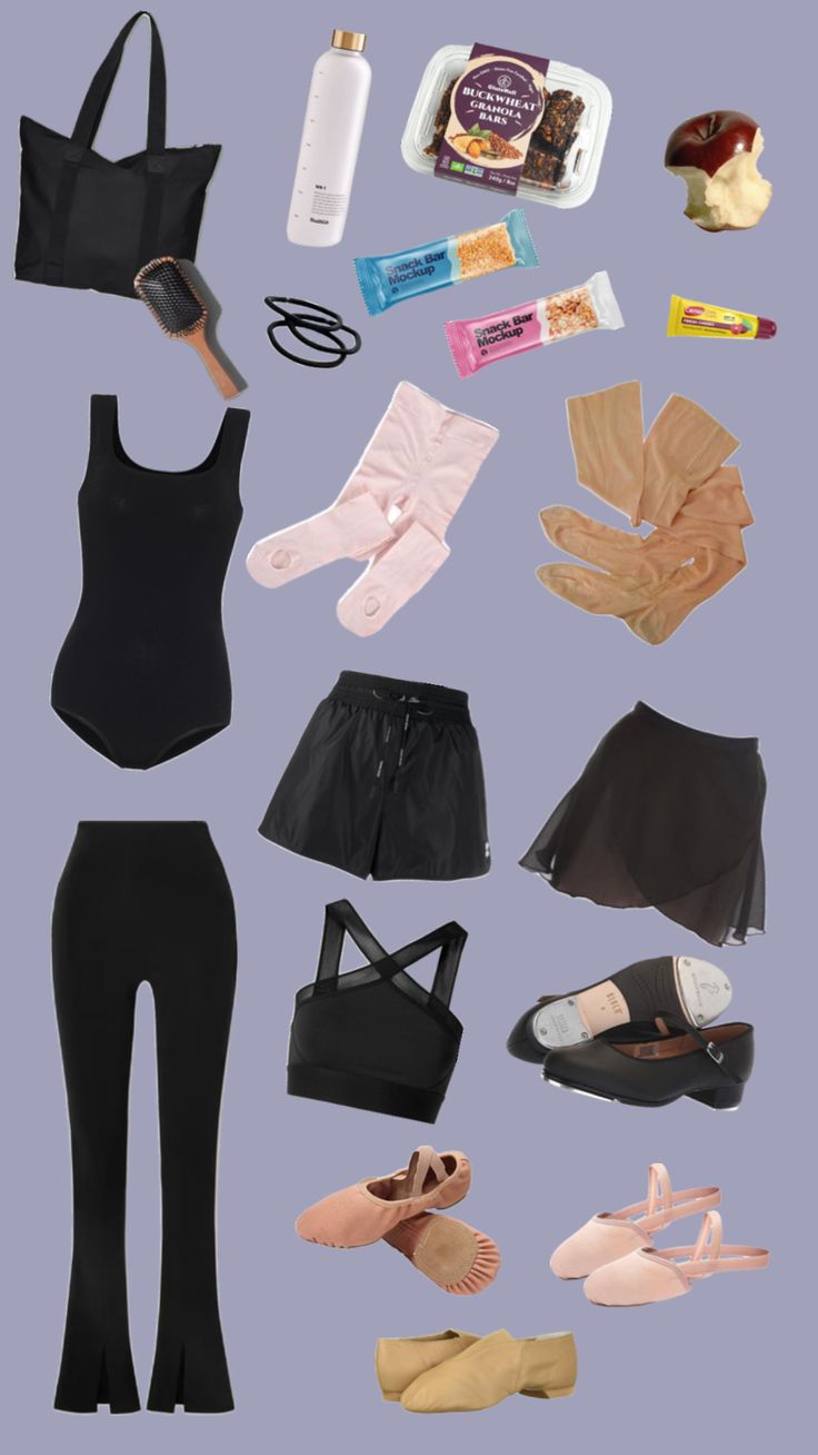 various types of clothing and shoes are arranged on a gray background, including bras