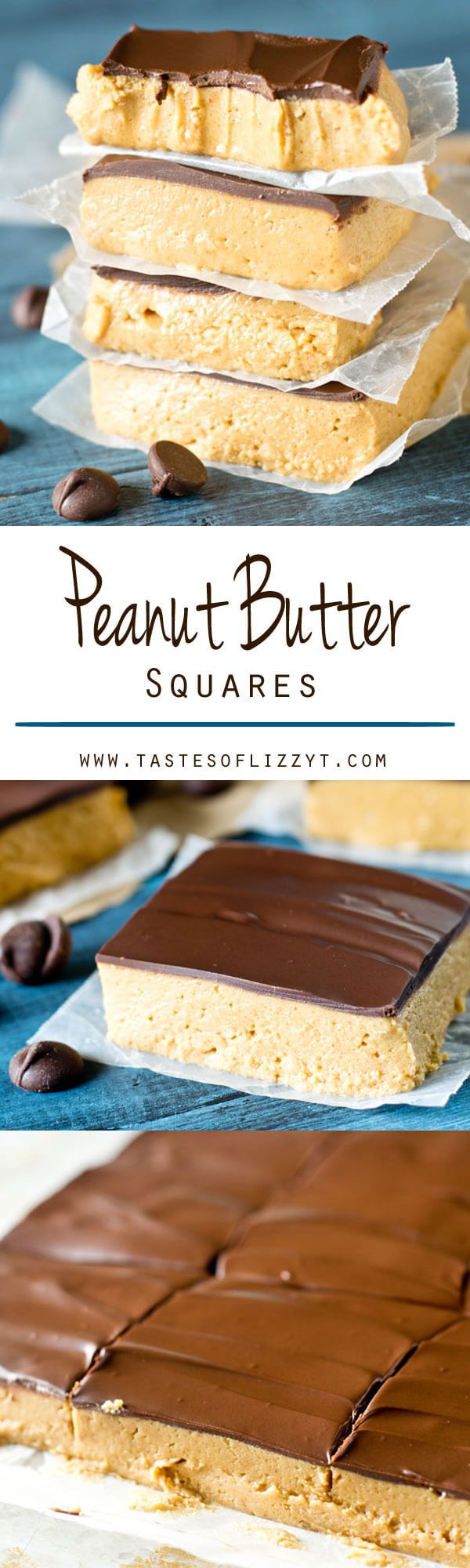 peanut butter squares are stacked on top of each other