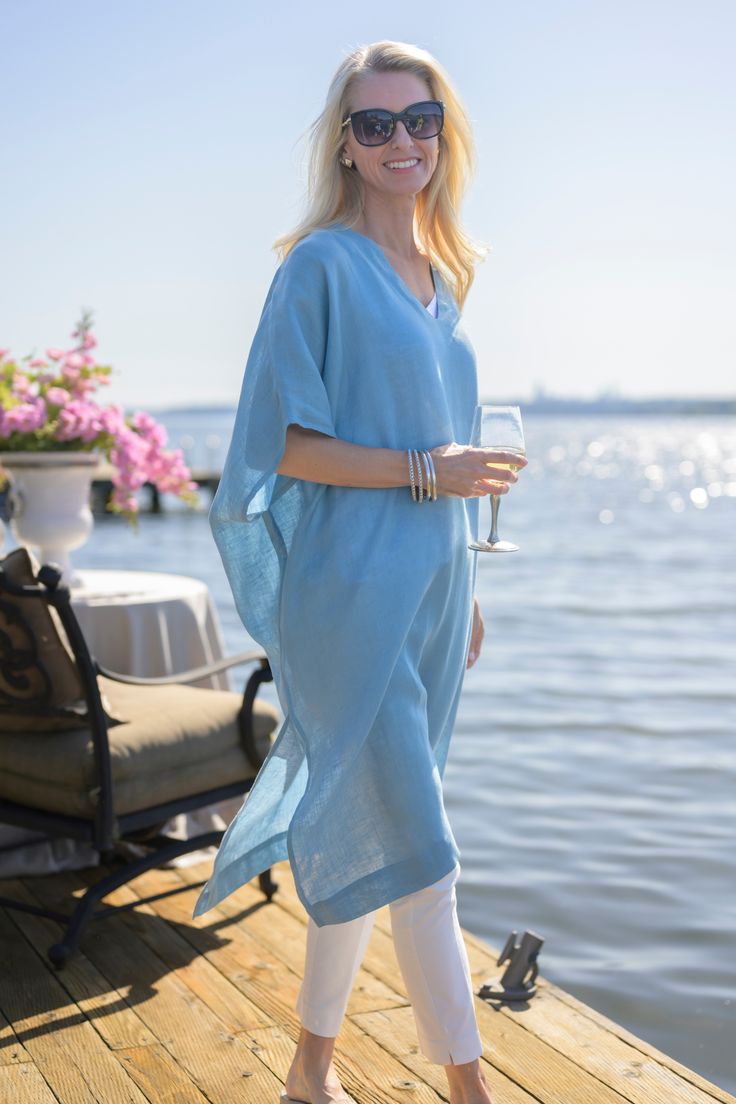 We love our beautiful, versatile and easy to wear Kaftan! A great layering piece that is a Crown Linen classic. Made in a washed light weight linen that is soft yet drapes beautifully. Our new Kaftan can be worn as a swimsuit cover-up, as a tunic over linen pants with a tank (it is see through) or even over a cami and your favorite jeans. 100% European linen Machine wash and hang dry. Light iron, if desired. One Size fits all Beach Ramie Linen Dress, Chic Linen Tunic For Vacation, Solid Linen Dress For Vacation, Elegant Linen Tunic For The Beach, Linen Beach Cover-up Dress For Spring, Spring Linen Tunic For Loungewear, V-neck Linen Beach Cover-up Dress, Linen V-neck Dress For Beach Cover-up, Lagenlook Linen Dress For Vacation