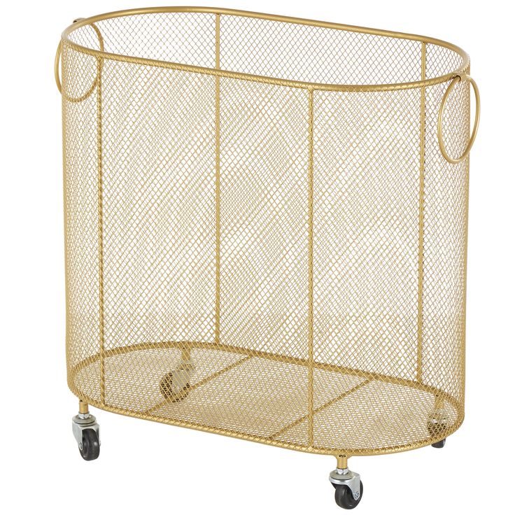 a gold metal wire basket with wheels on the bottom and sides, in front of a white background