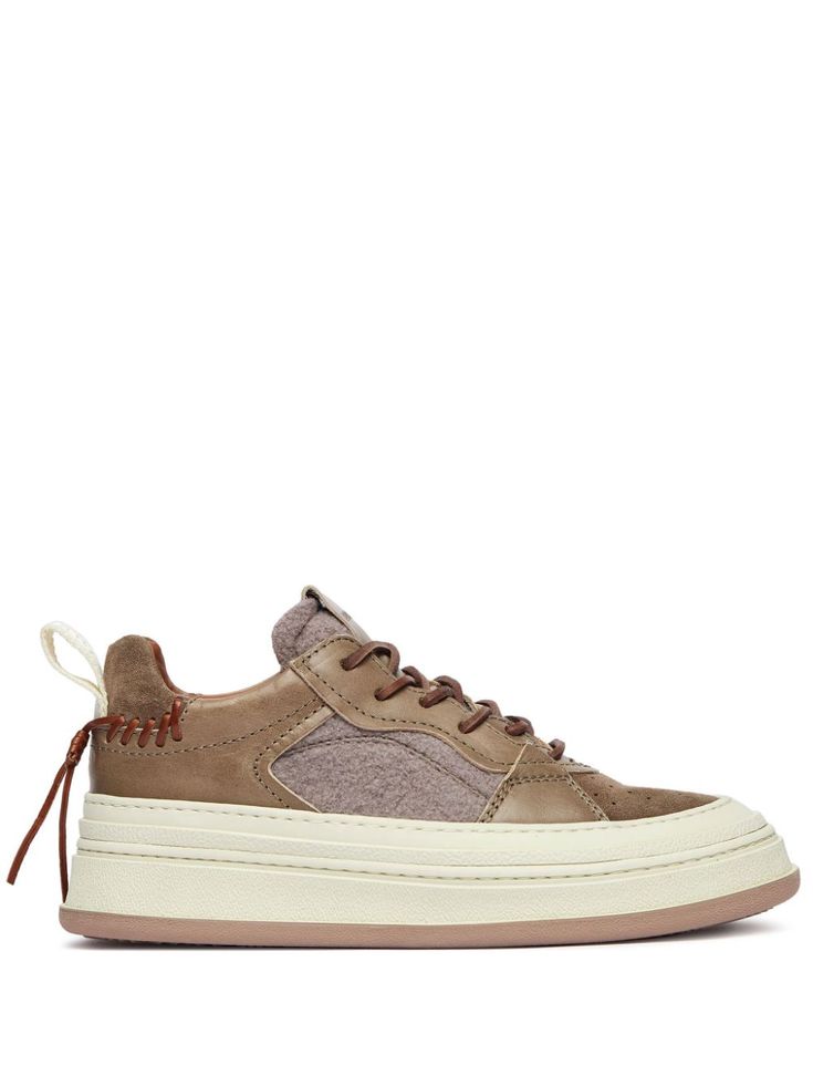 brown suede panelled design logo patch at the tongue front lace-up fastening perforated toebox rear tie fastening pull-tab at the heel round toe branded insole flat rubber sole Leather High-top Sneakers With Lace-up Fastening, Leather Sneakers With Round Toe And Lace-up Fastening, Brown Lace-up High-top Sneakers With Rubber Sole, Brown High-top Lace-up Shoes With Contrast Sole, Brown Suede Sneakers With Laces, Brown Suede Lace-up Sneakers, Suede Lace-up Platform Sneakers, Brown Low-top Custom Sneakers With Textured Sole, Suede High-top Lace-up Sneakers