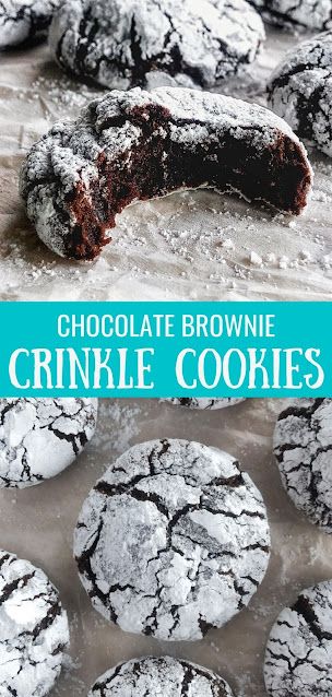 chocolate brownie crinkle cookies on a baking sheet with text overlay that reads, chocolate brownie crinkle cookies