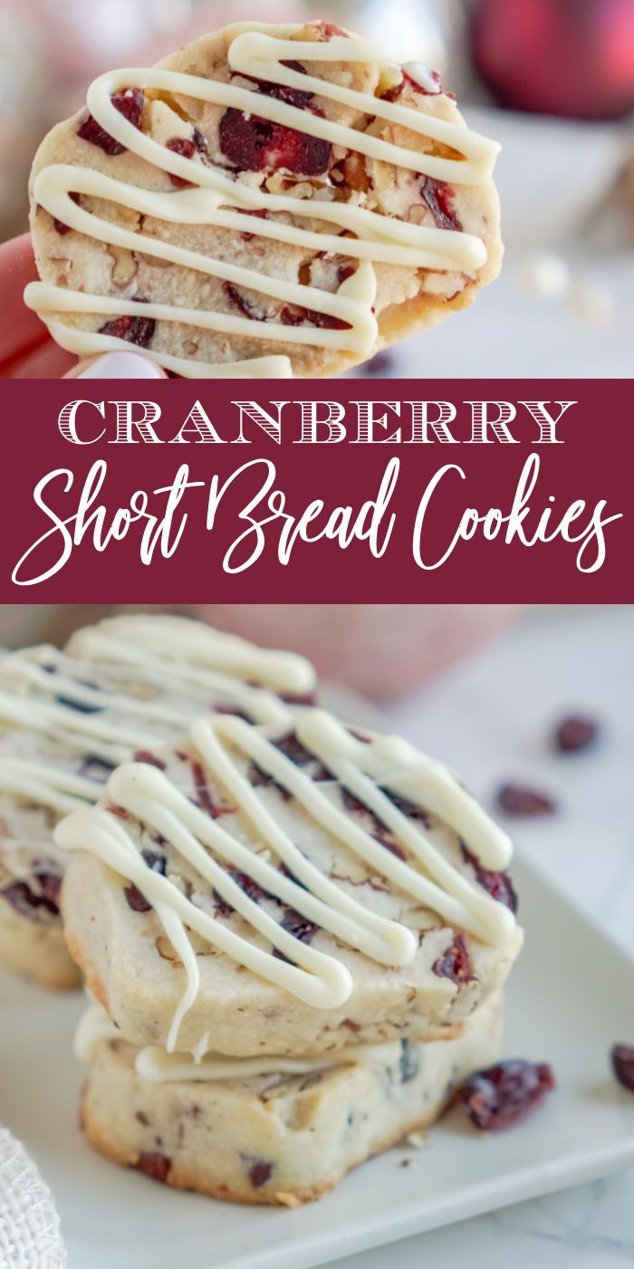 cranberry shortbread cookies with white icing on top and the title overlay reads, cranberry short bread cookies